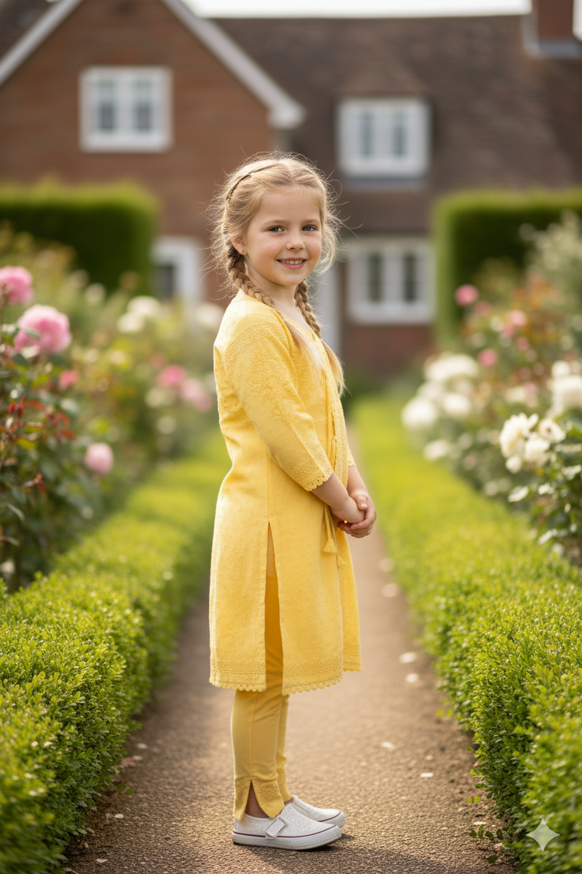 Silakaari Nabila Kids Yellow Mul Cotton Pure Lucknowi Kurti Pant set