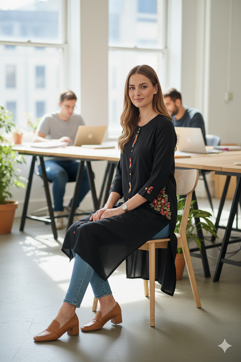 Silakaari Huda Black pocket Zari Embroidered Work Rayon Long Kurti