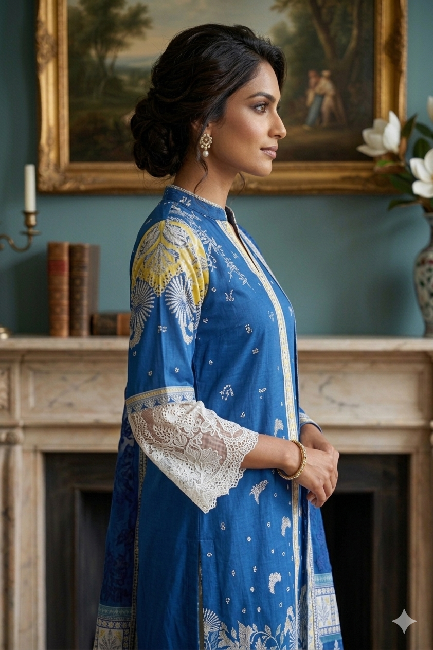 Silakaari Zebunnisa Pure Lawn Blue-Yellow Front Panel Super Lawn kalamkar Pakistani Ready-Made Dress