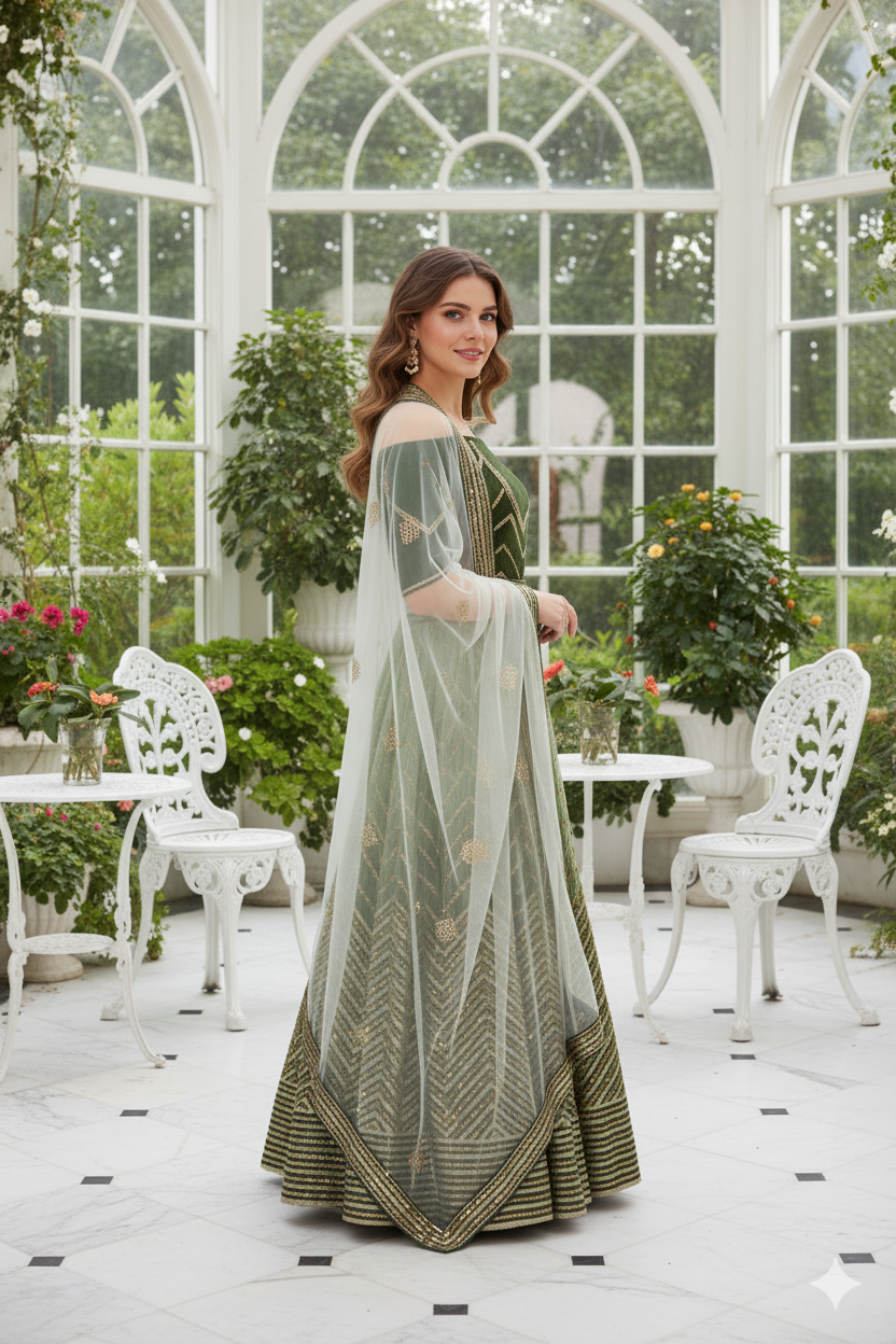 Silakaari Mehendi-Gold Shaded Pure Crepe Sequin Evening Unstitched Lehenga Sharara Set