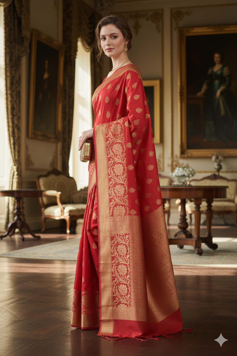 Silakaari Women's Red Golden Heavy Border Banarasi Silk Saree