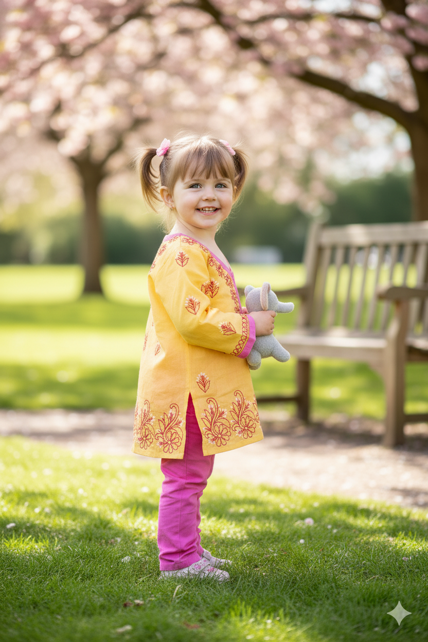 Silakaari Ramsha Yellow-Pink Pure Cotton Lucknowi ChikanKari Kurti Pant Set For Girls