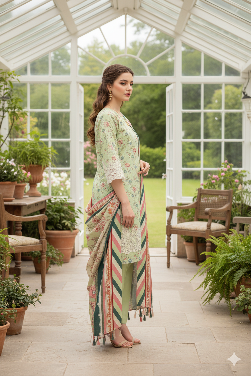 Silakaari Nawazish Pista Green Pure Lawn Chikan Cut Work Fancy Unstitched Suits