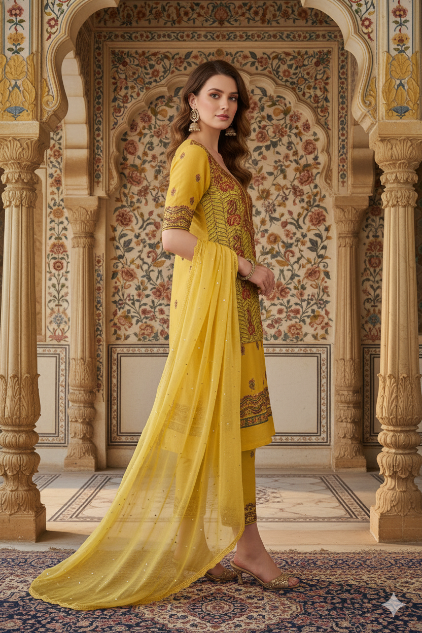 Silakaari Elegent Yellow Sequin Pearl Pure Cotton Lucknowi Unstitched Dress Material
