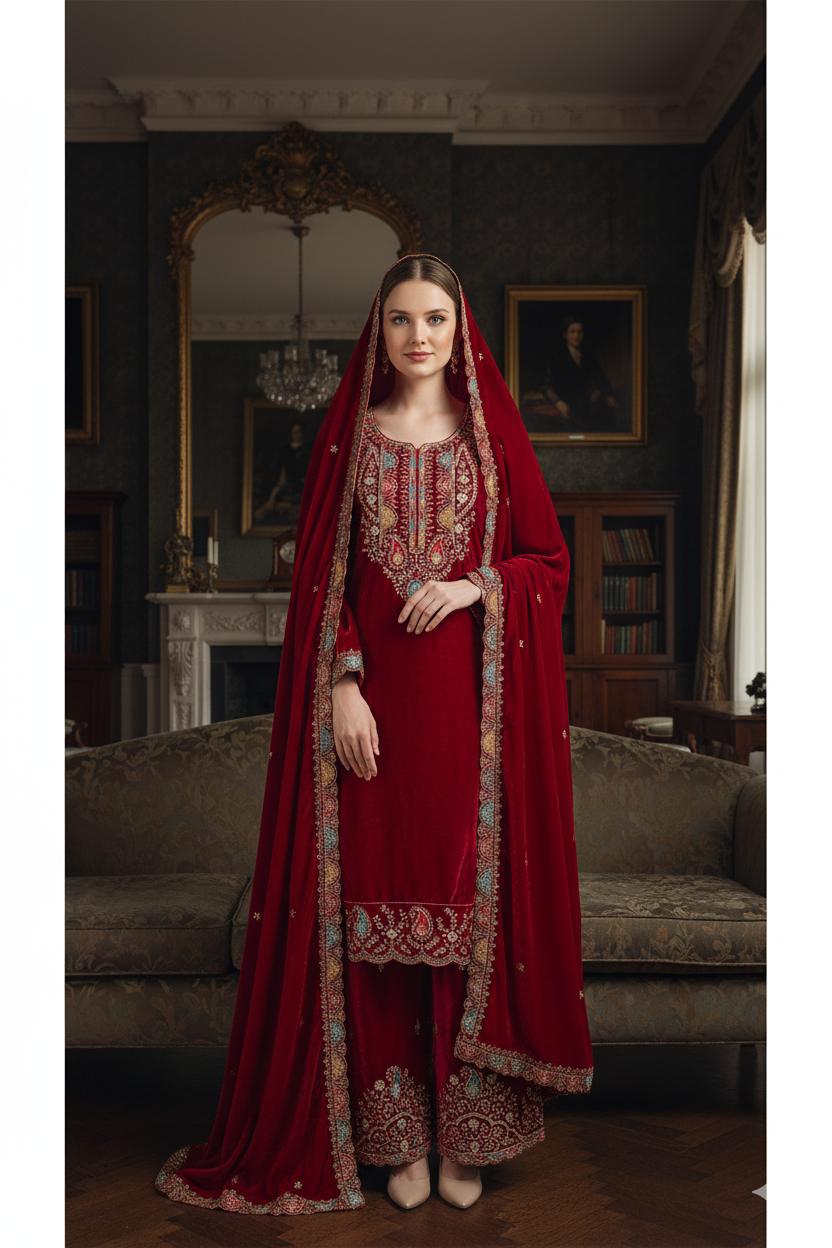 Silakaari Mahogony Maroon Gold Sequin Heavy Bridal Velvet Garara Palazzo Set