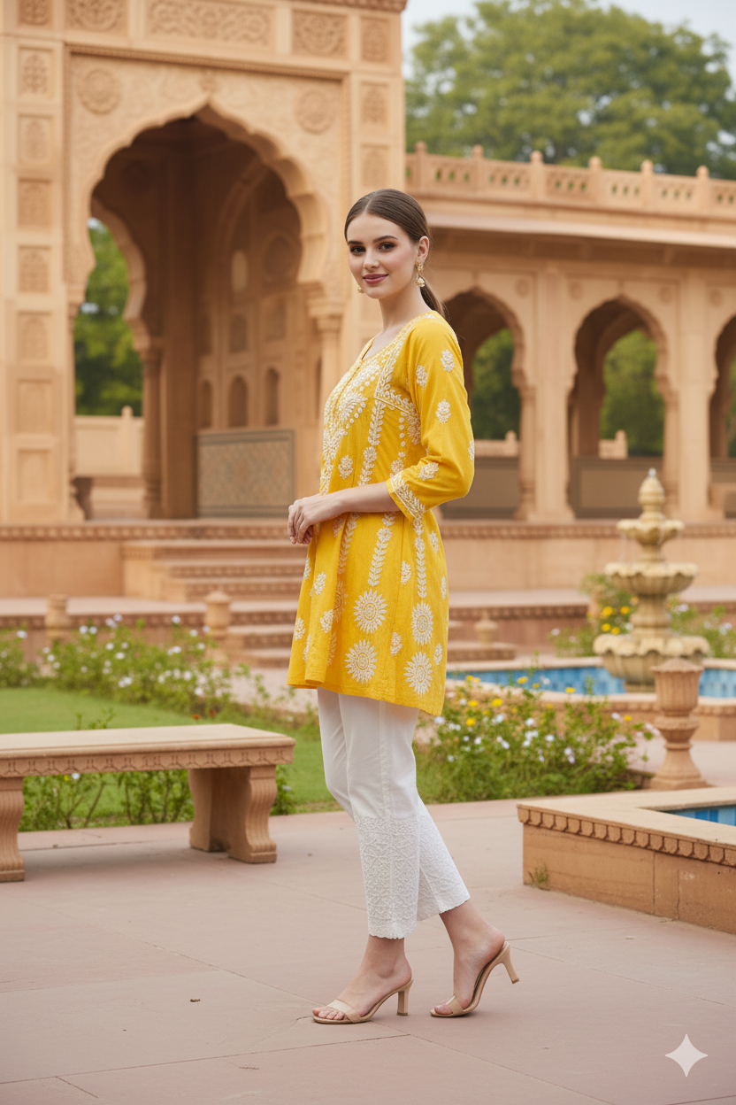 Silakaari Pure Viscose Yellow Shaded Heavy Lucknowi Aline Kurti With Pant Set