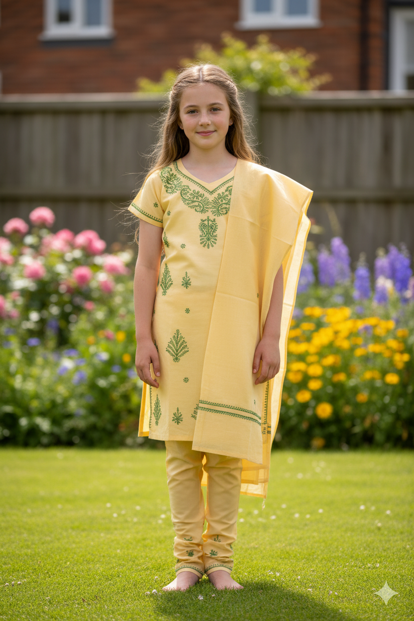 Silakaari Aabida Yellow-Green Pure Cotton Lucknowi ChikanKari Kurti Pant With Dupatta Set For Girls