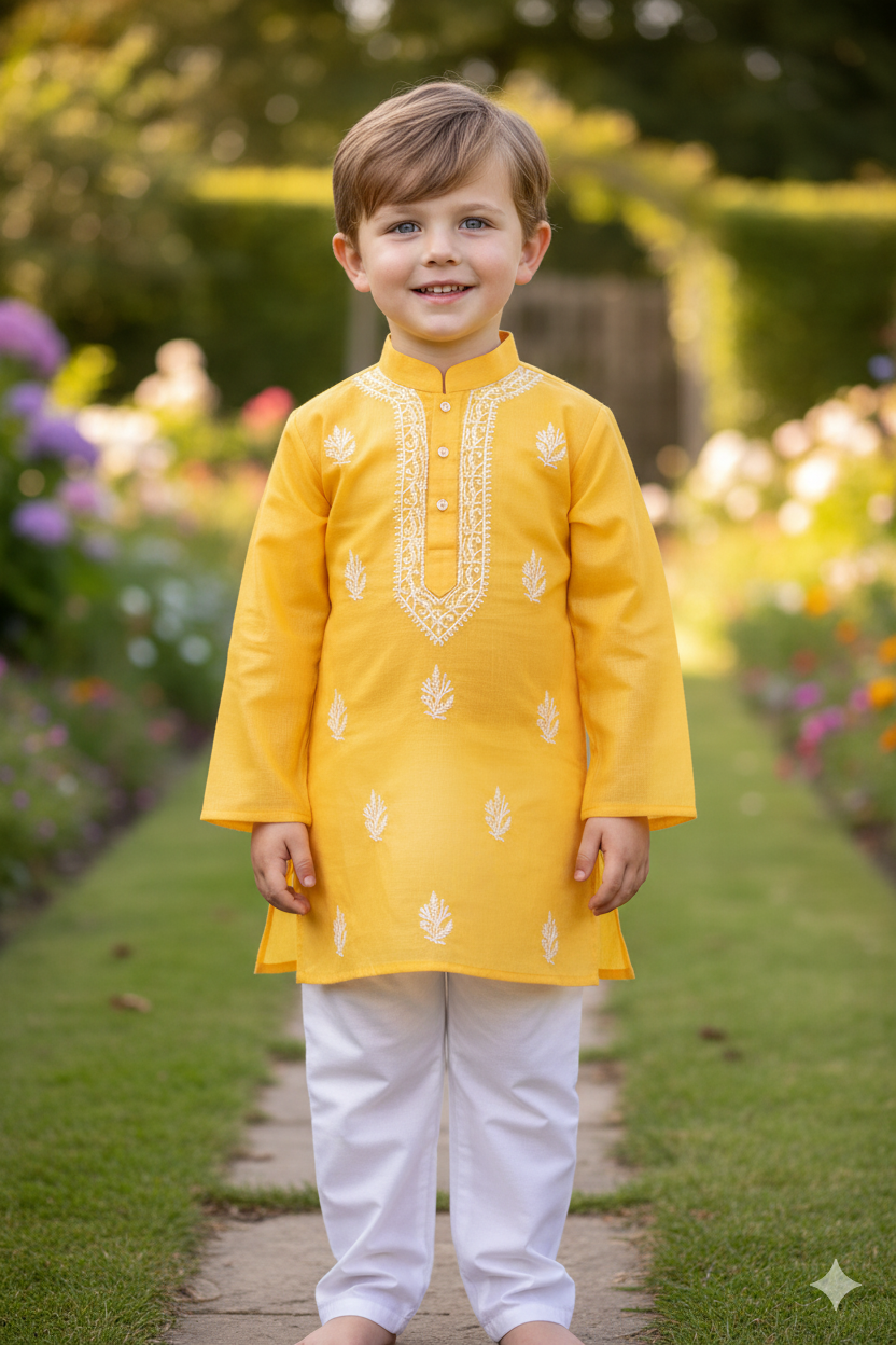 Silakaari Krrish Yellow-White Pure Lucknowi Chikankari Kurta Pyjama Set For Boys