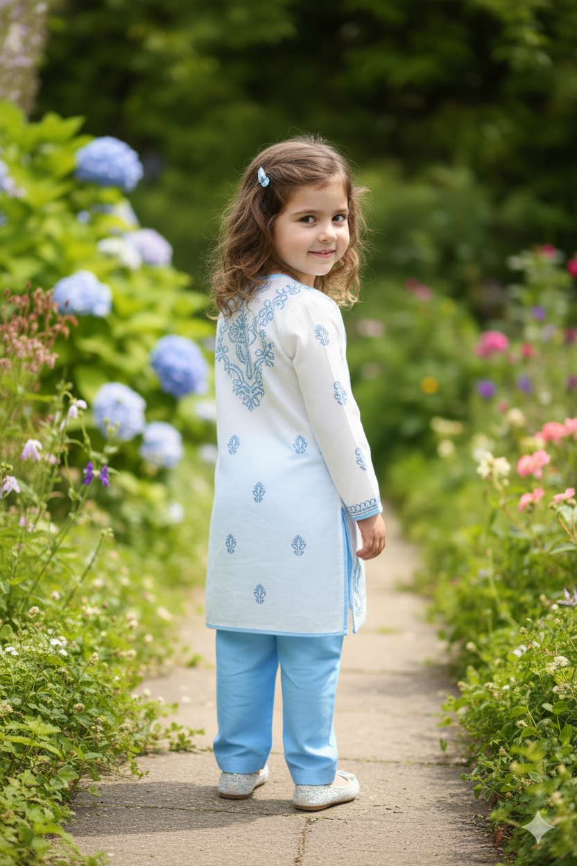 Silakaari Kids Pure Cotton Chikan Lucknowi Kurta Pajama Set For Girls