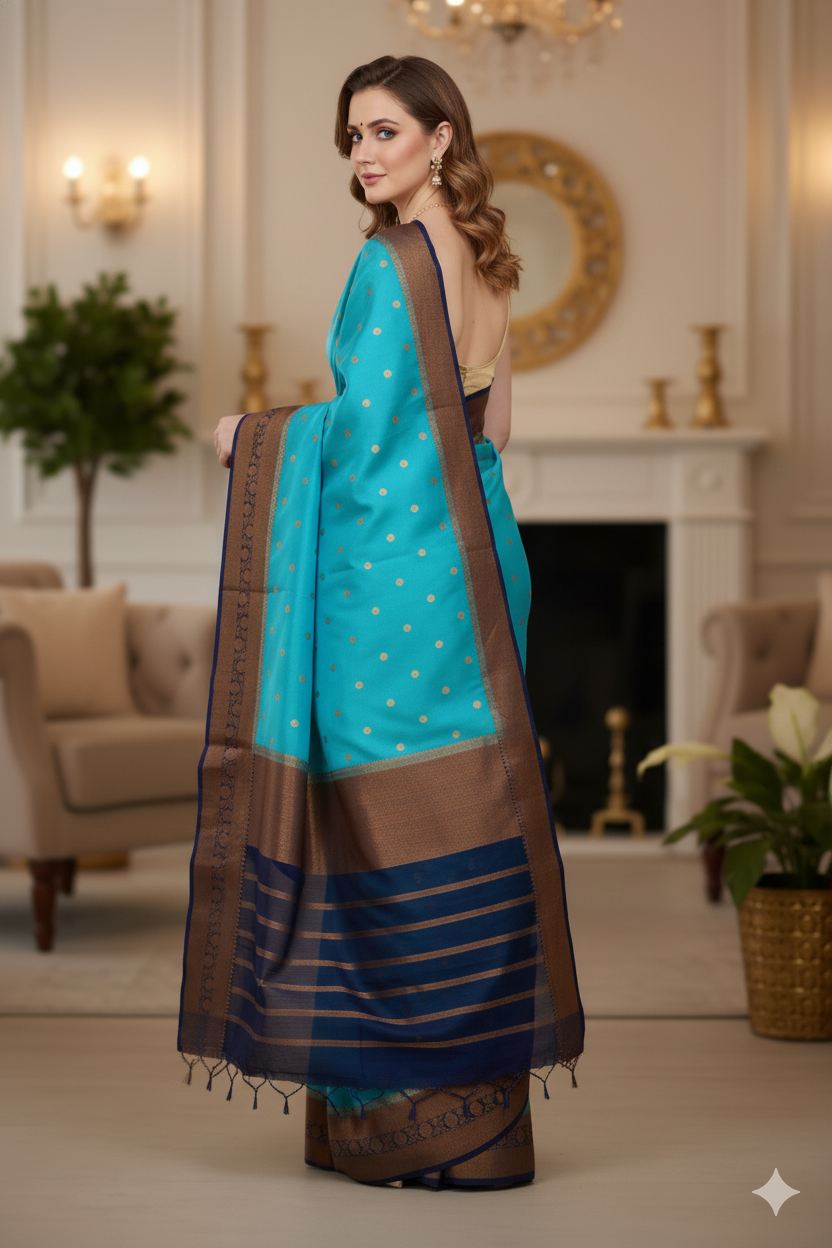 Silakaari Women's Blue Banarasi Hand Zari work Organza saree