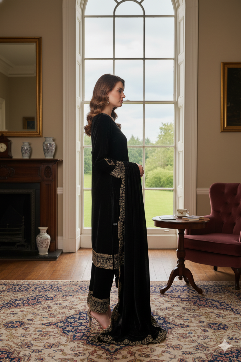 Black Classic Velvet Embroidery Work Heavy Bridal Kurti Pant Set