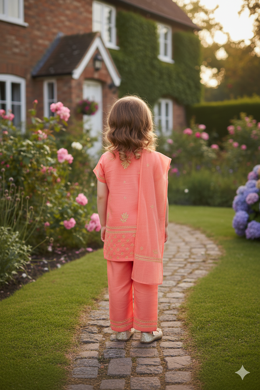 Silakaari Amal Carrot-Green Pure Cotton Lucknowi ChikanKari Kurti Pant With Dupatta Set For Girls