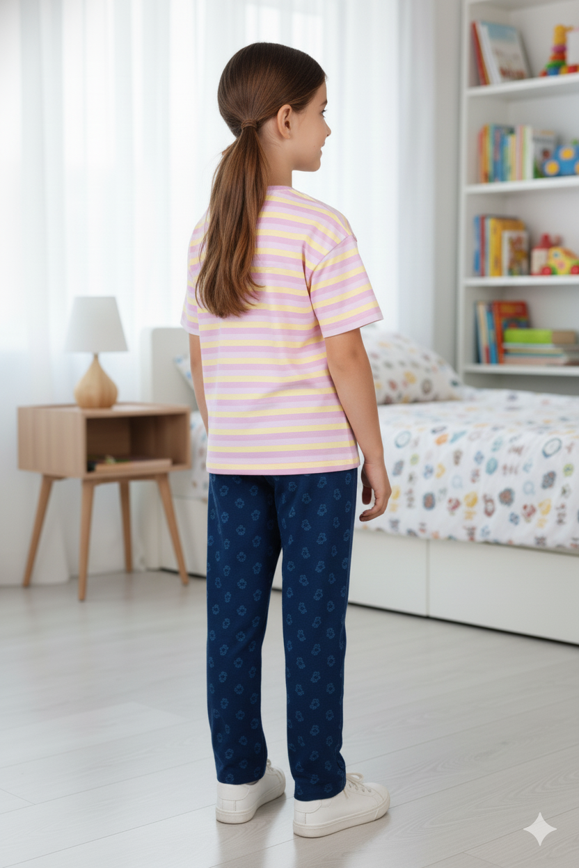 Silakaari Alvira Pink Kitty T-Shirt With Blue bear printed Denim Jeans Set For Girls