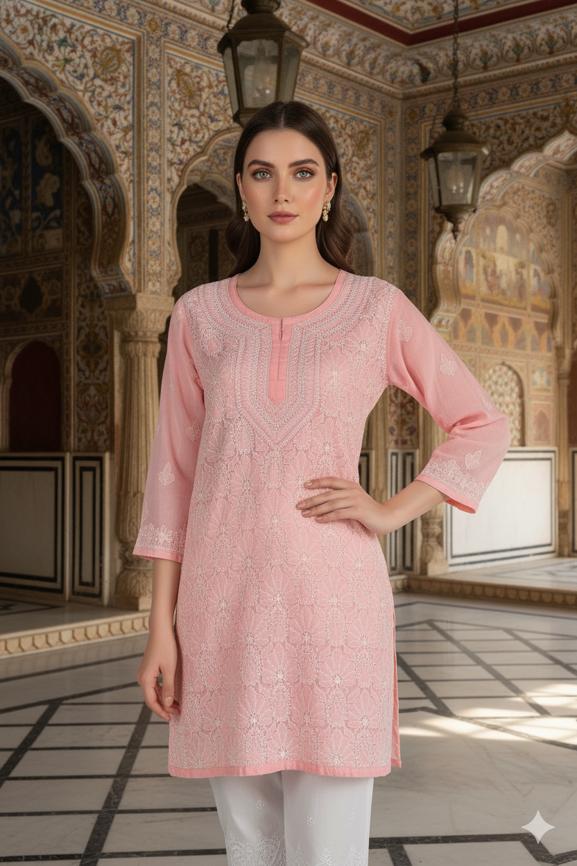 Silakaari Pure Mul Cotton All Over Premium Lucknowi Short Kurti With Pant Set