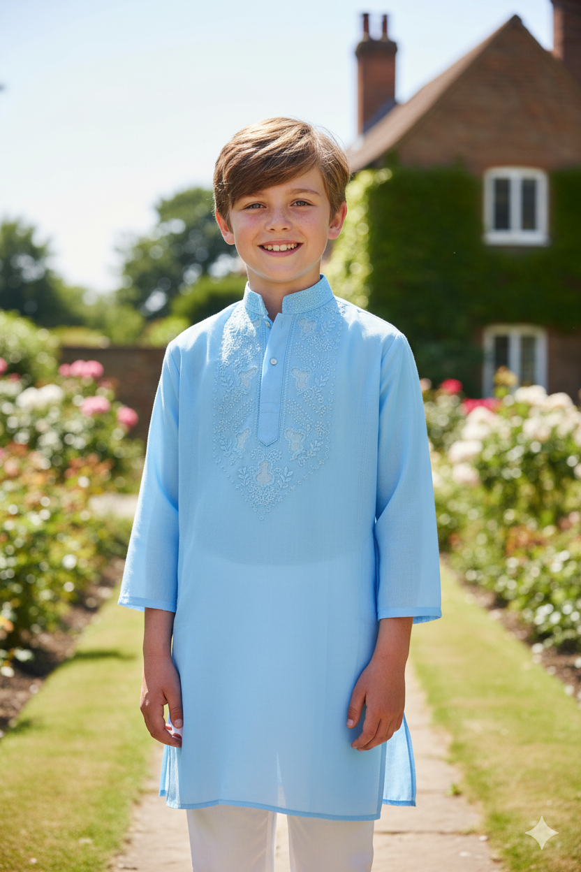 Silakaari Kids Blue Lucknowi Pure Cotton Kurta Pajama Set For Boys