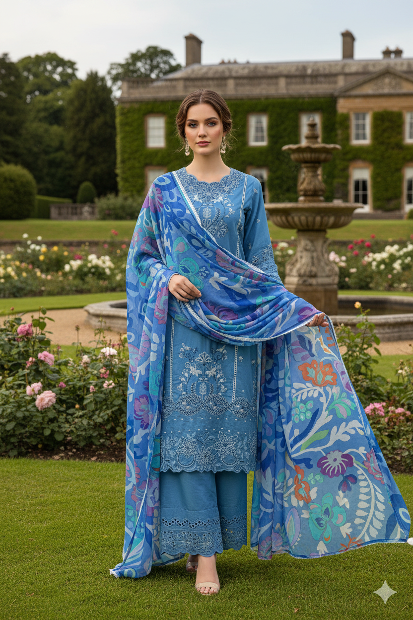 Silakaari Izhar Powder Blue Heavy Embroidery Organza Patch Pure Lawn Ready-Made Dress