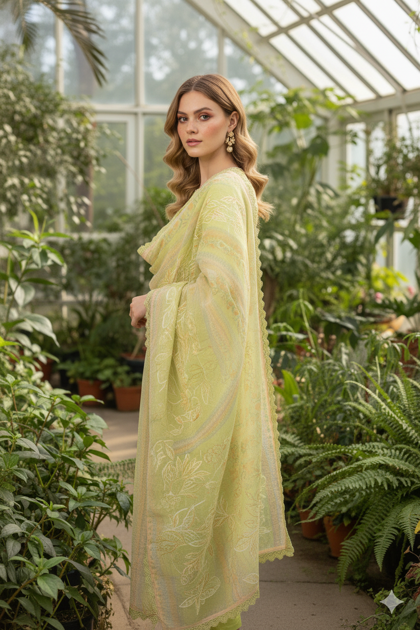 Silakaari Rangrasiya Pista Green All Over Chikan Organza Premium Ready-Made Dress