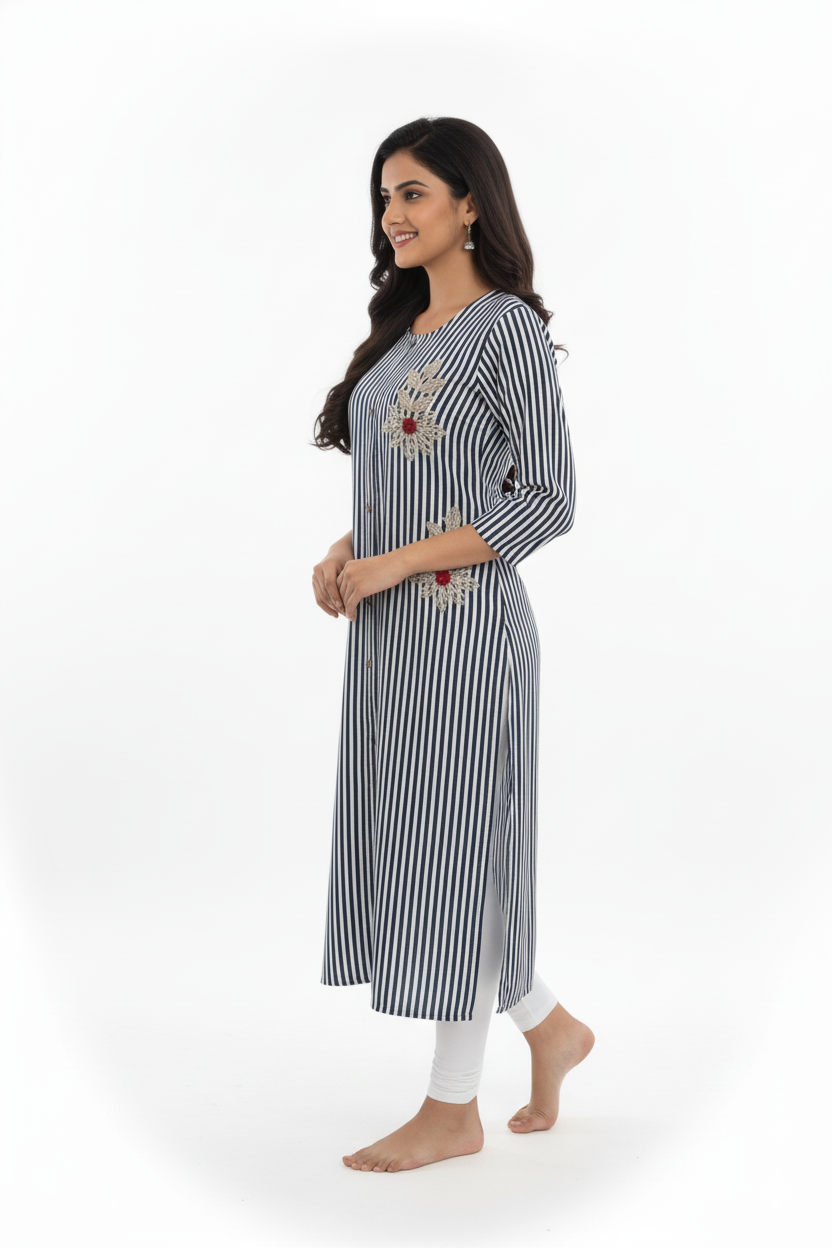 Silakaari Irsa Black-White Lining Rayon Gota Patti Long Kurti