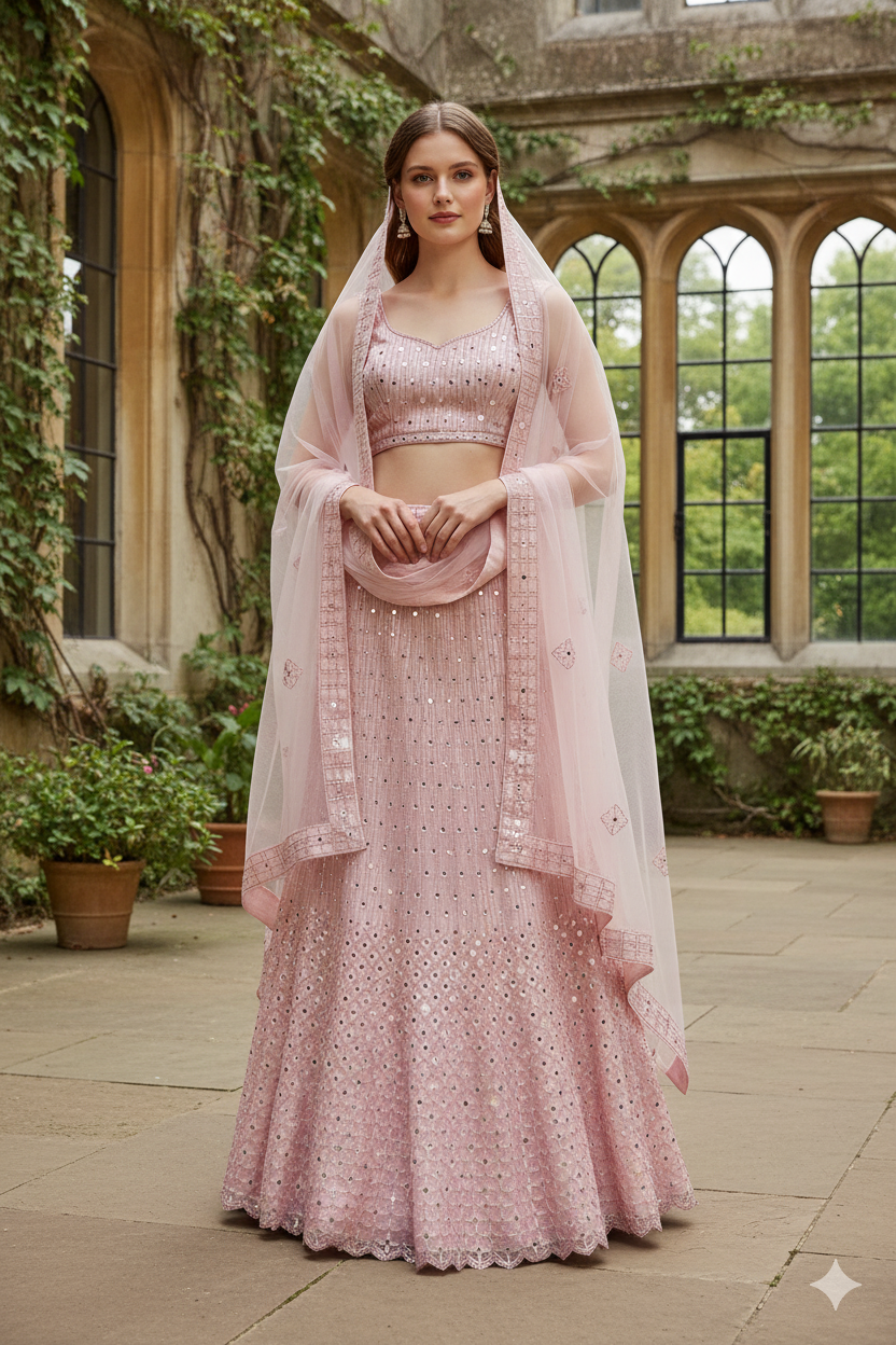 Silakaari Pure Net Mirror Pink Zari Work Unstitched Lehenga Set