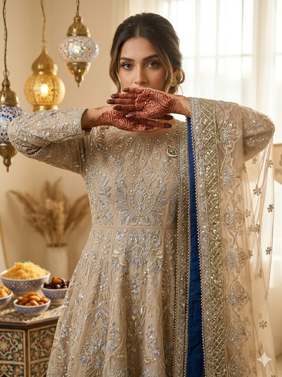 Silakaari Musheera Beige Heavy Sequins & Thread Work Embroidered Kurta Palazzo Set with Net Dupatta