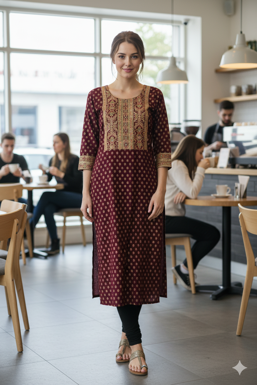 Silakaari Maleeka Maroon Foil Printed Rayon Long Kurti