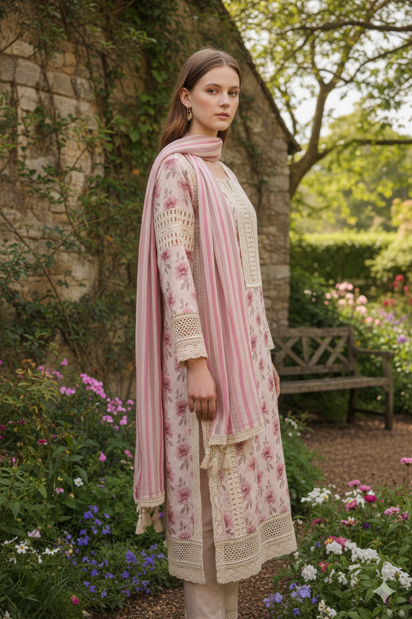 Silakaari Women's Pink & Cream Floral Gota Rose Ready Dress With dupatta