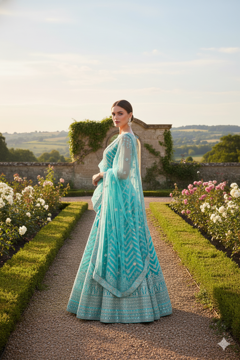 Silakaari Ferozi Zari Dimond Thread Work Net Party Wear Unstitched Lehenga Set