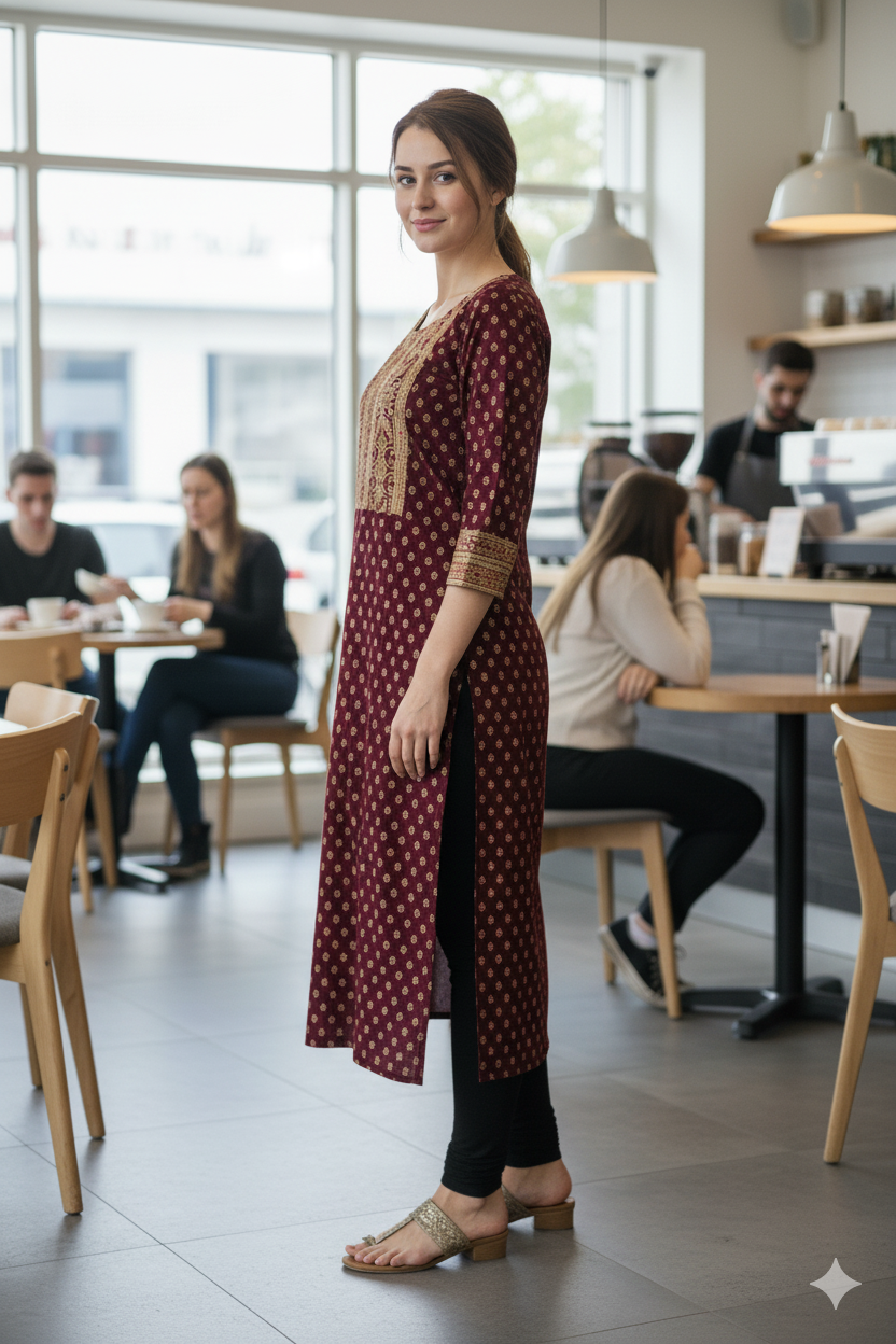 Silakaari Maleeka Maroon Foil Printed Rayon Long Kurti