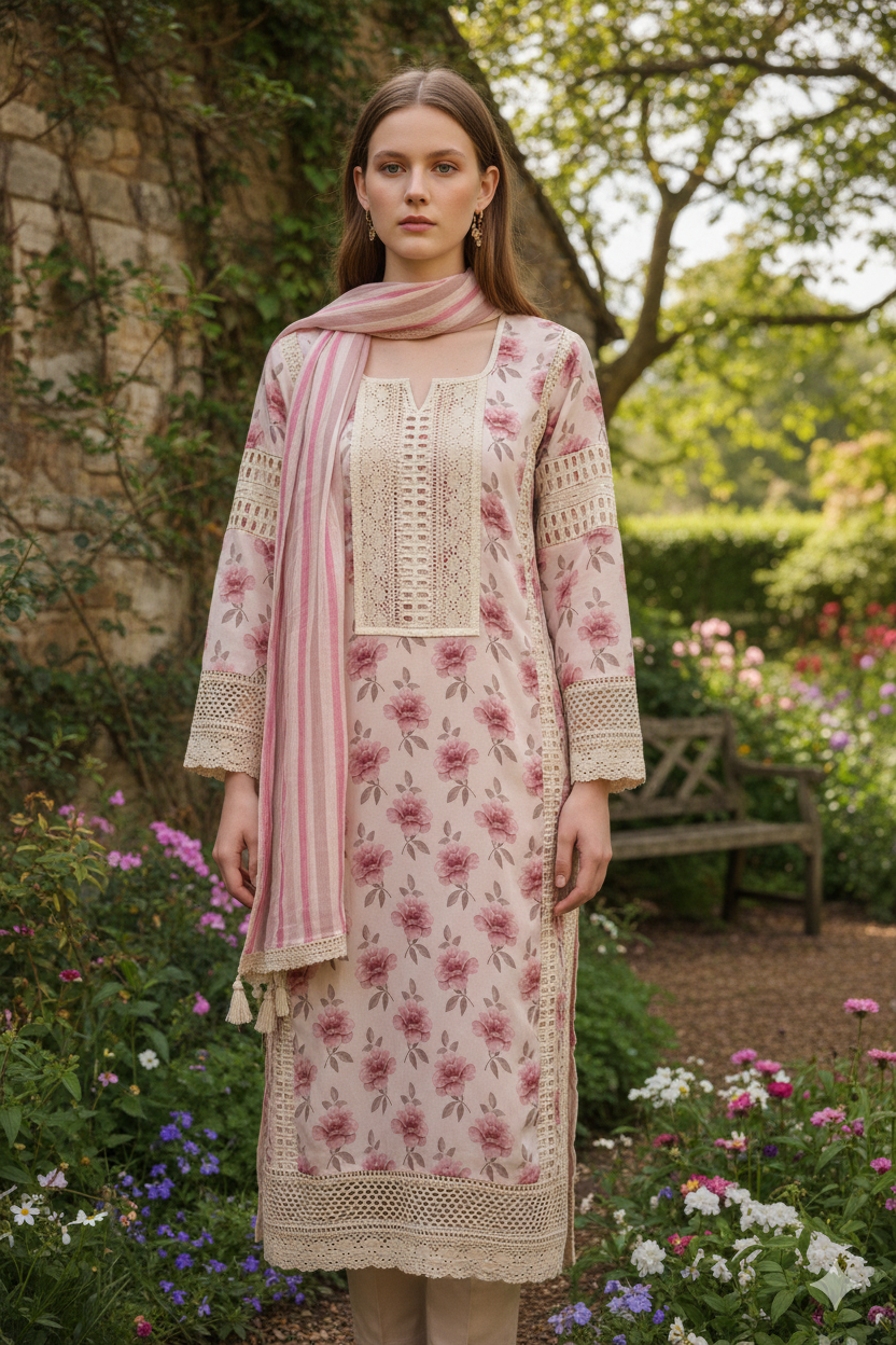 Silakaari Women's Pink & Cream Floral Gota Rose Ready Dress With dupatta