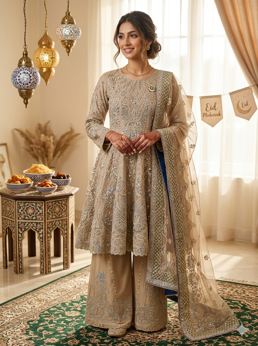 Silakaari Musheera Beige Heavy Sequins & Thread Work Embroidered Kurta Palazzo Set with Net Dupatta