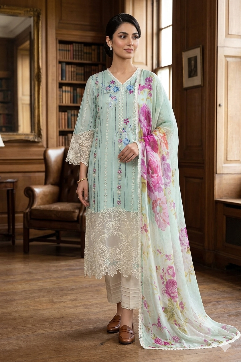 Silakaari Nazakat Pure Lawn Teal Blue Embroidery Pakistani Ready-Made Dress