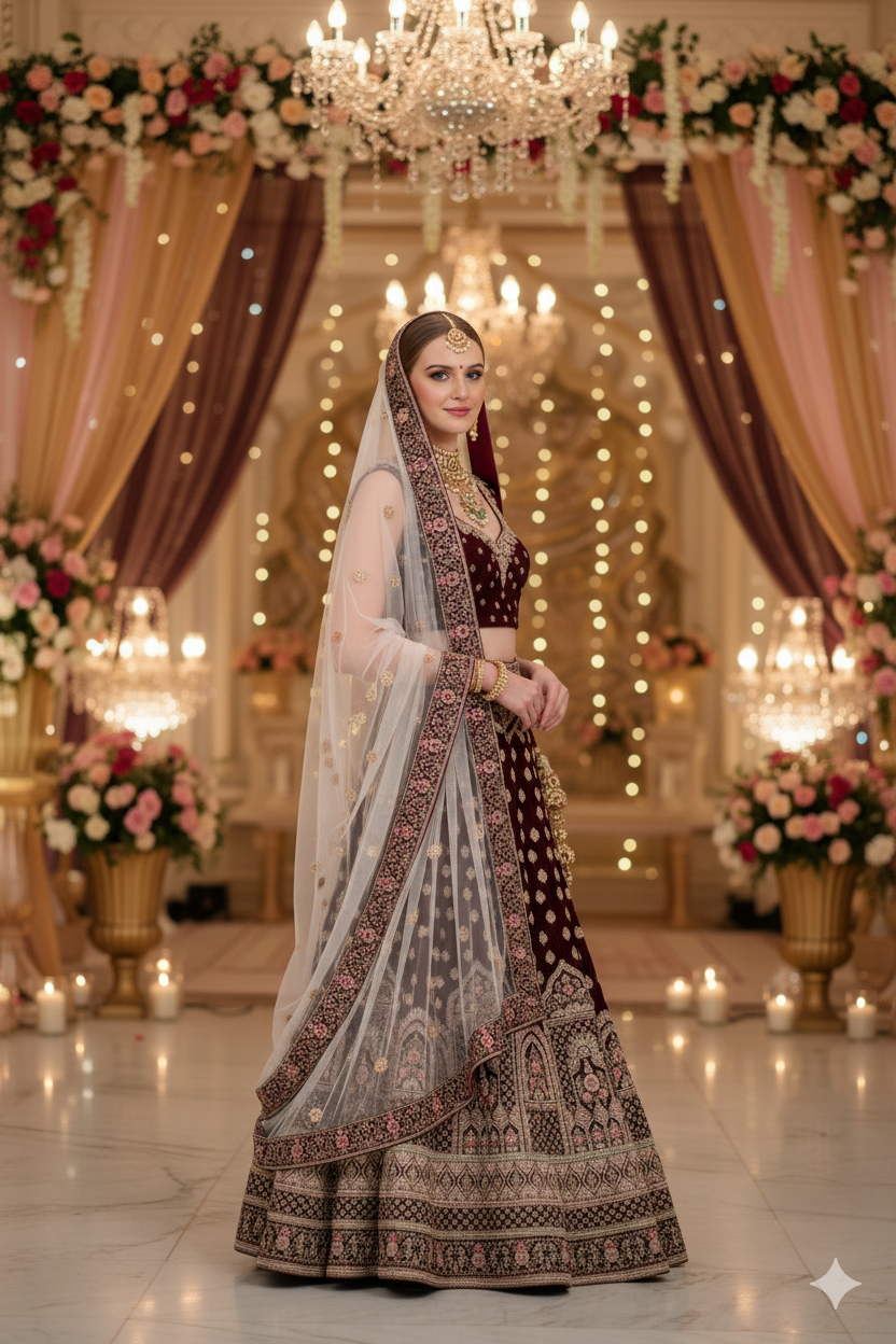 Silakaari Wine Velvet Bridal Lehenga Sharara Set with Zari, Zarkan & Cutdana Work