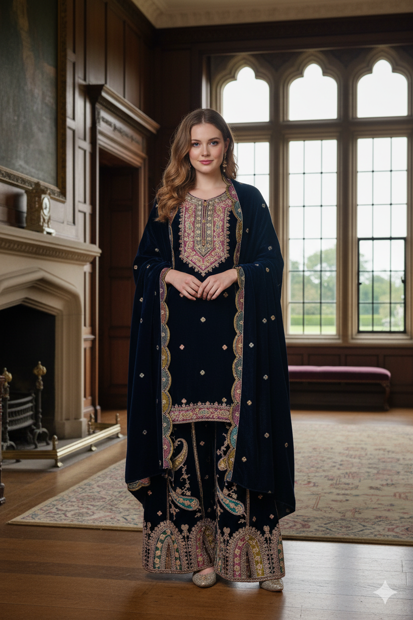 Silakaari Gehraiyaan Dark Blue-Gold Sequin Zari Bridal Pure Velvet Kurti Palazzo Set