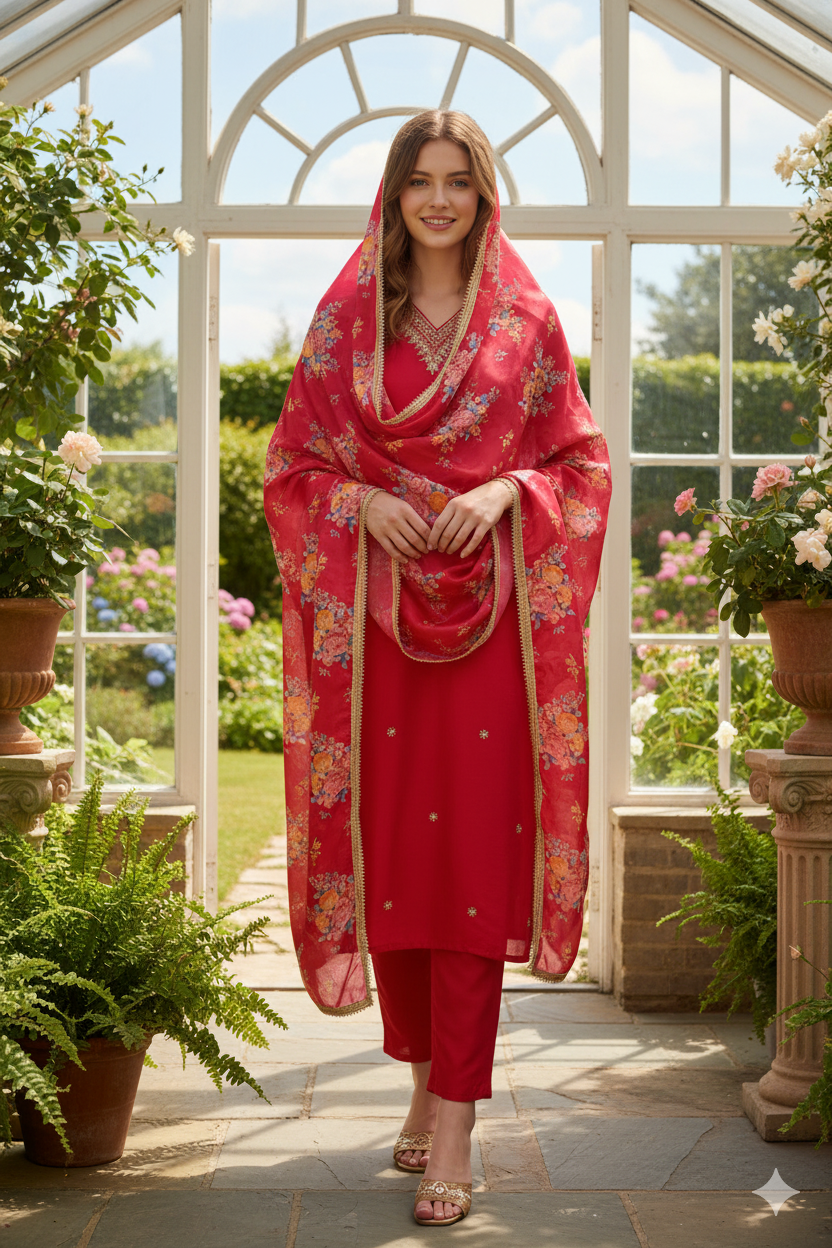 Silakaari Pure Heavy Hand Work V-Neckline Kurti Pant Dupatta Set