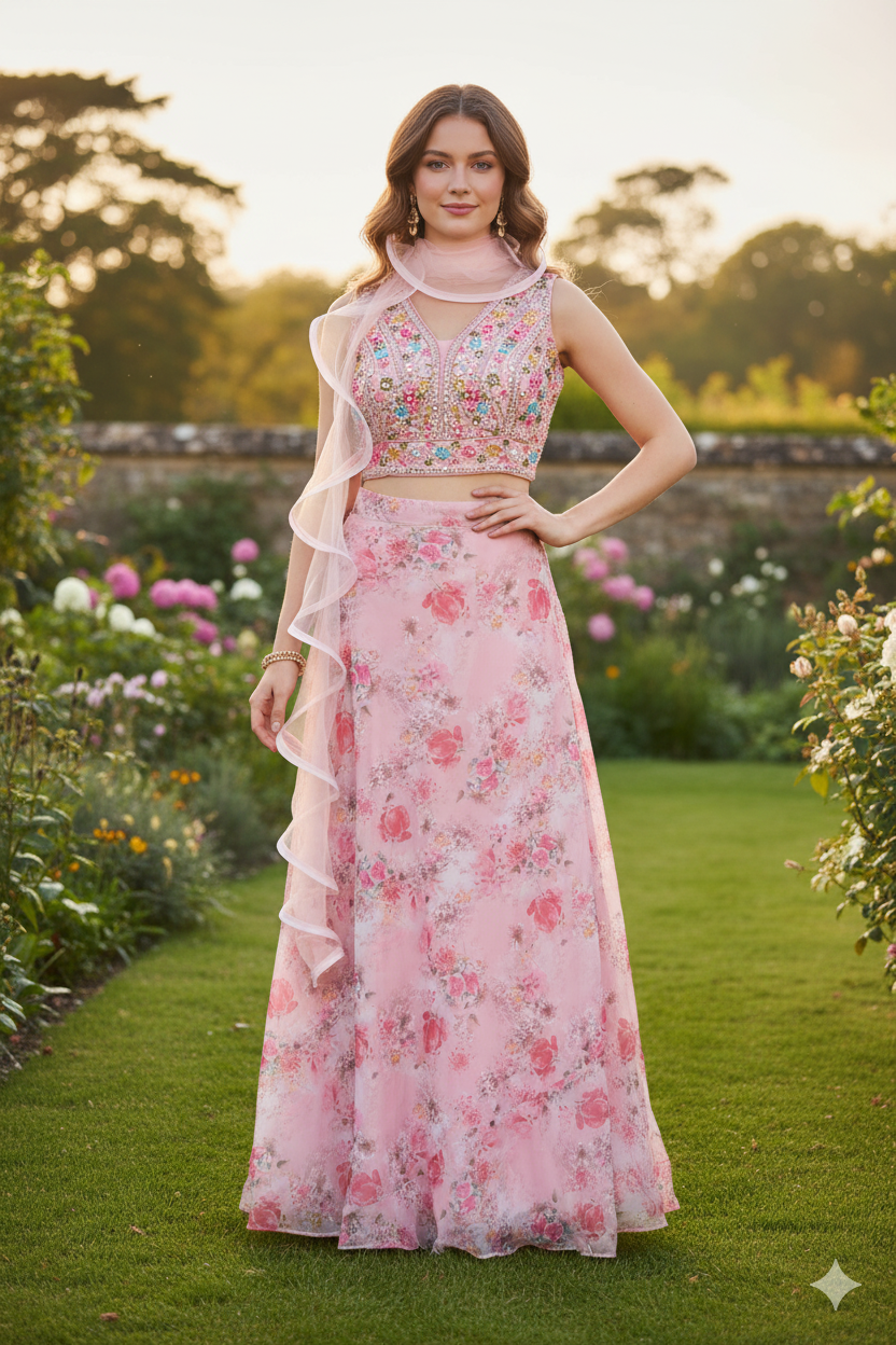 Silakaari Pink Organza Rose Floral Party Wear Lehenga Sharara set