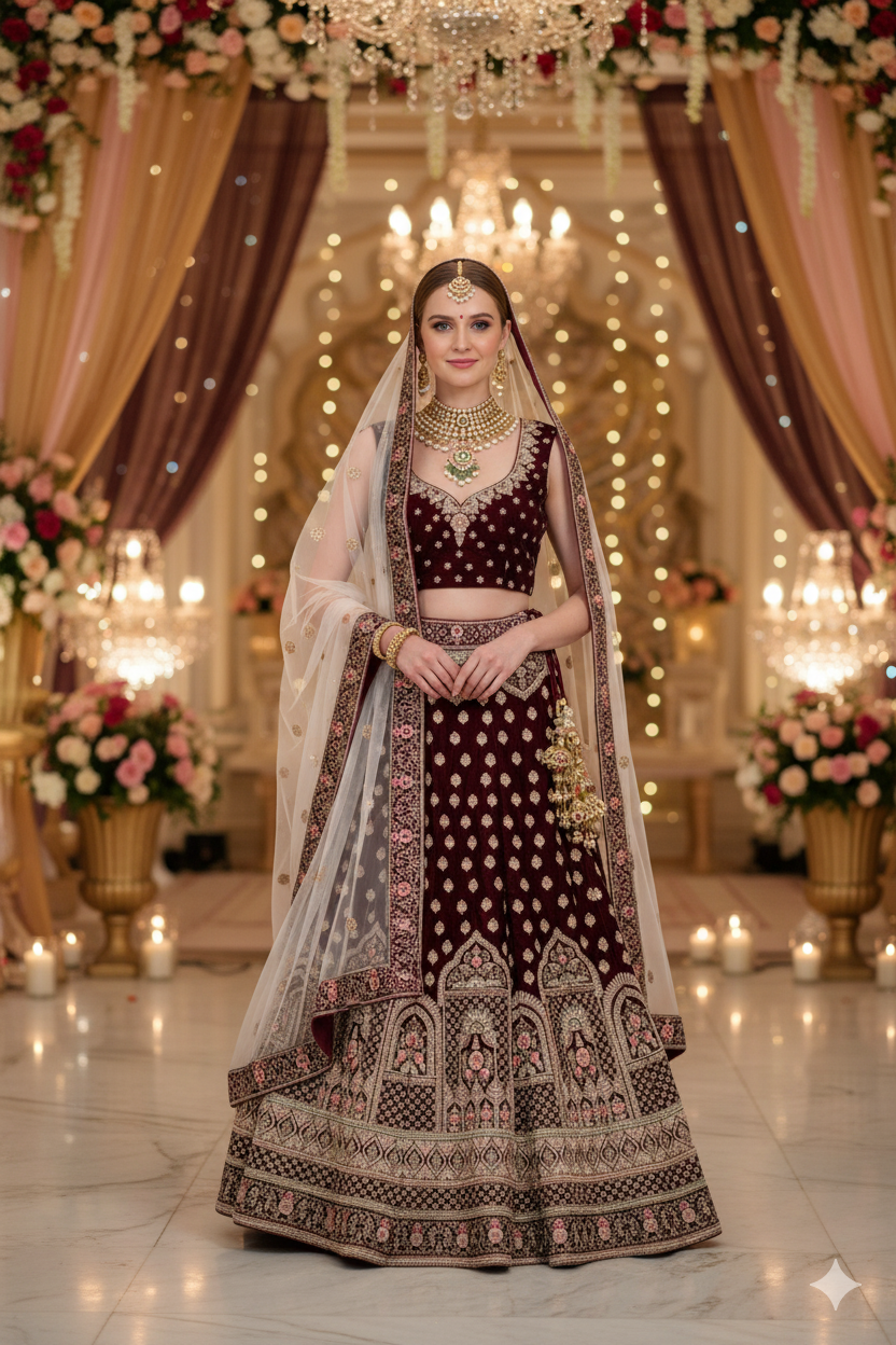 Silakaari Wine Velvet Bridal Lehenga Sharara Set with Zari, Zarkan & Cutdana Work