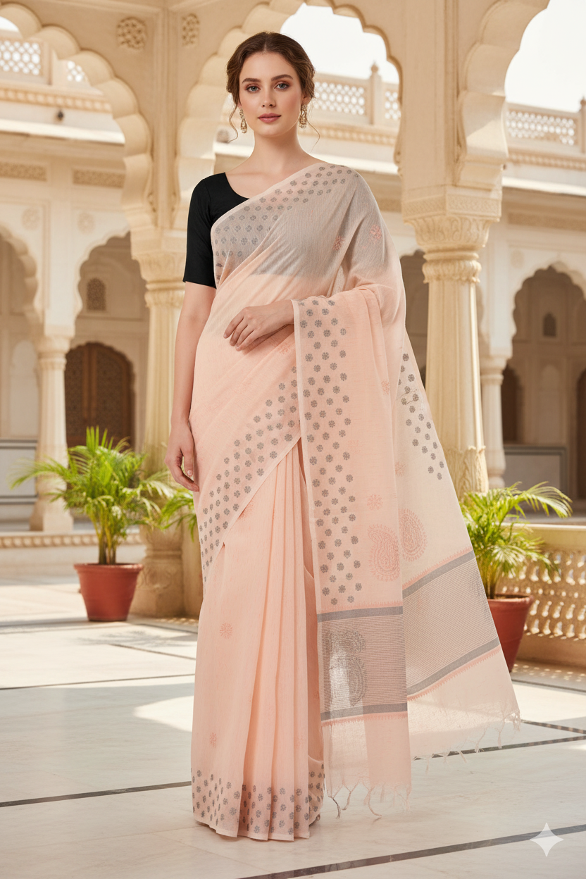 Silakaari Rangrez Peach-Grey Pure HandWork Chanderi Lucknowi Premium Saree