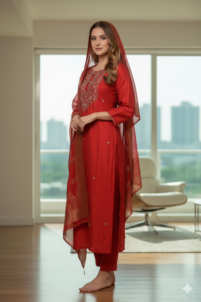 Silakaari Women's Dola Silk Heavy Gota Hand Work Kurti Pant Dupatta Set