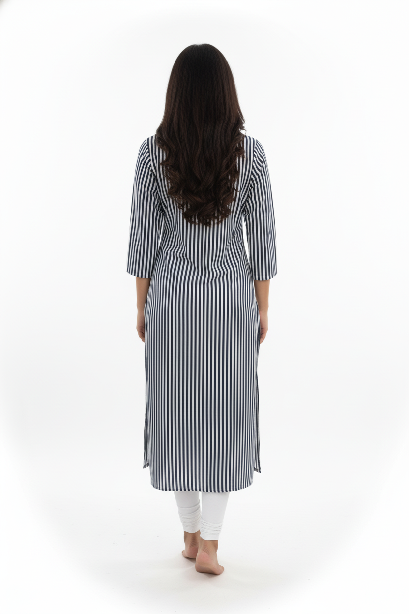 Silakaari Irsa Black-White Lining Rayon Gota Patti Long Kurti