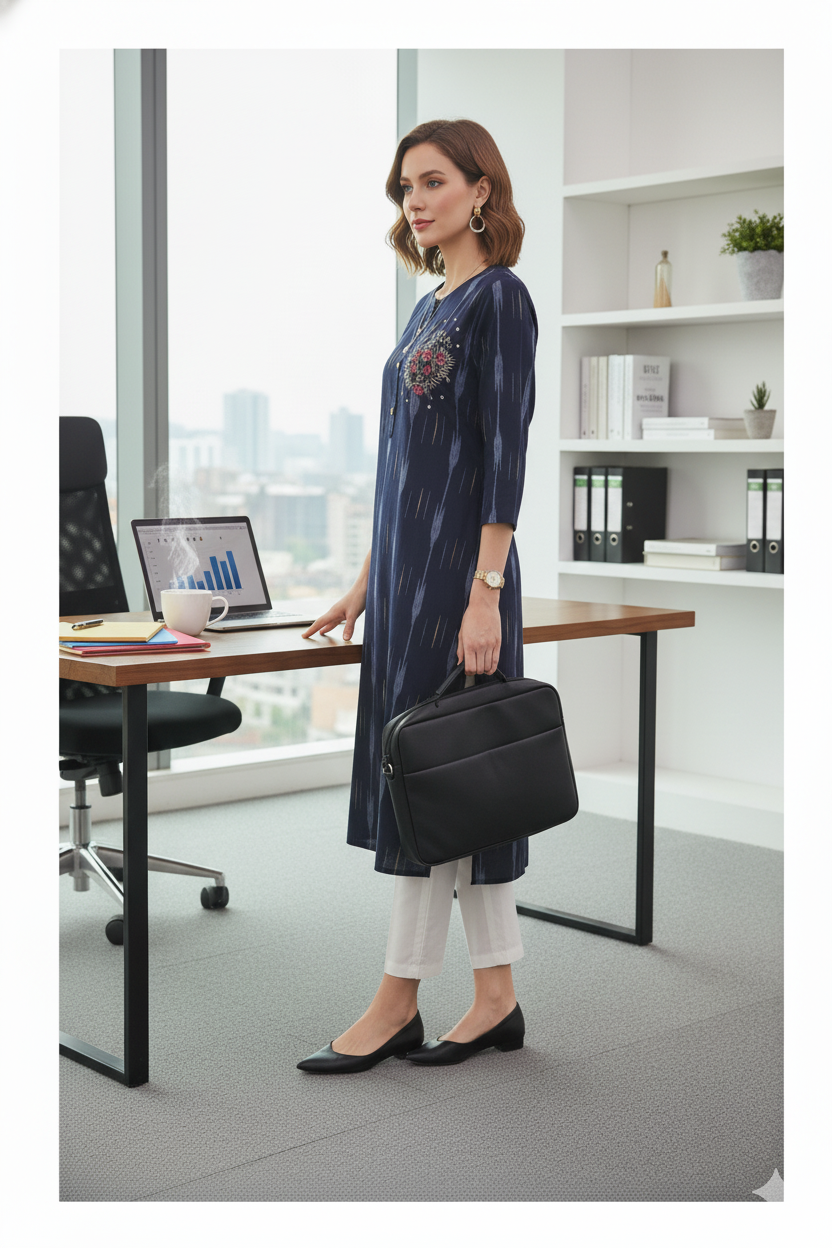 Silakaari Yalina Navy Blue Printed Hand Embroidery Long Kurti