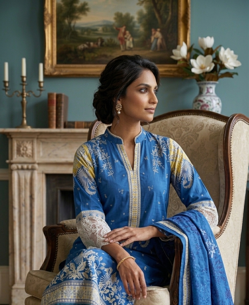 Silakaari Zebunnisa Pure Lawn Blue-Yellow Front Panel Super Lawn kalamkar Pakistani Ready-Made Dress