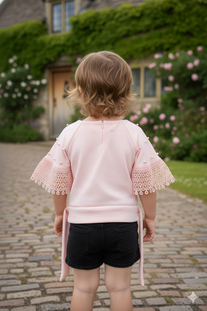 Silakaari Sophia Kids Pink Pearl Lace Flower Fancy Top For Girls with black short