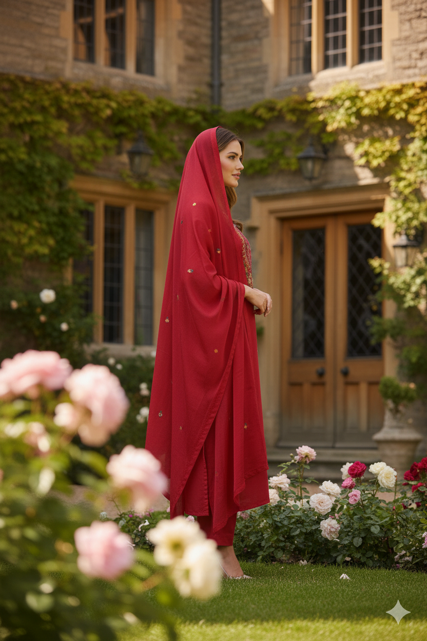 Silakaari Women's Silk Heavy Neckline Theard Moti Floral Embroidered Kurti Pant Dupatta Set