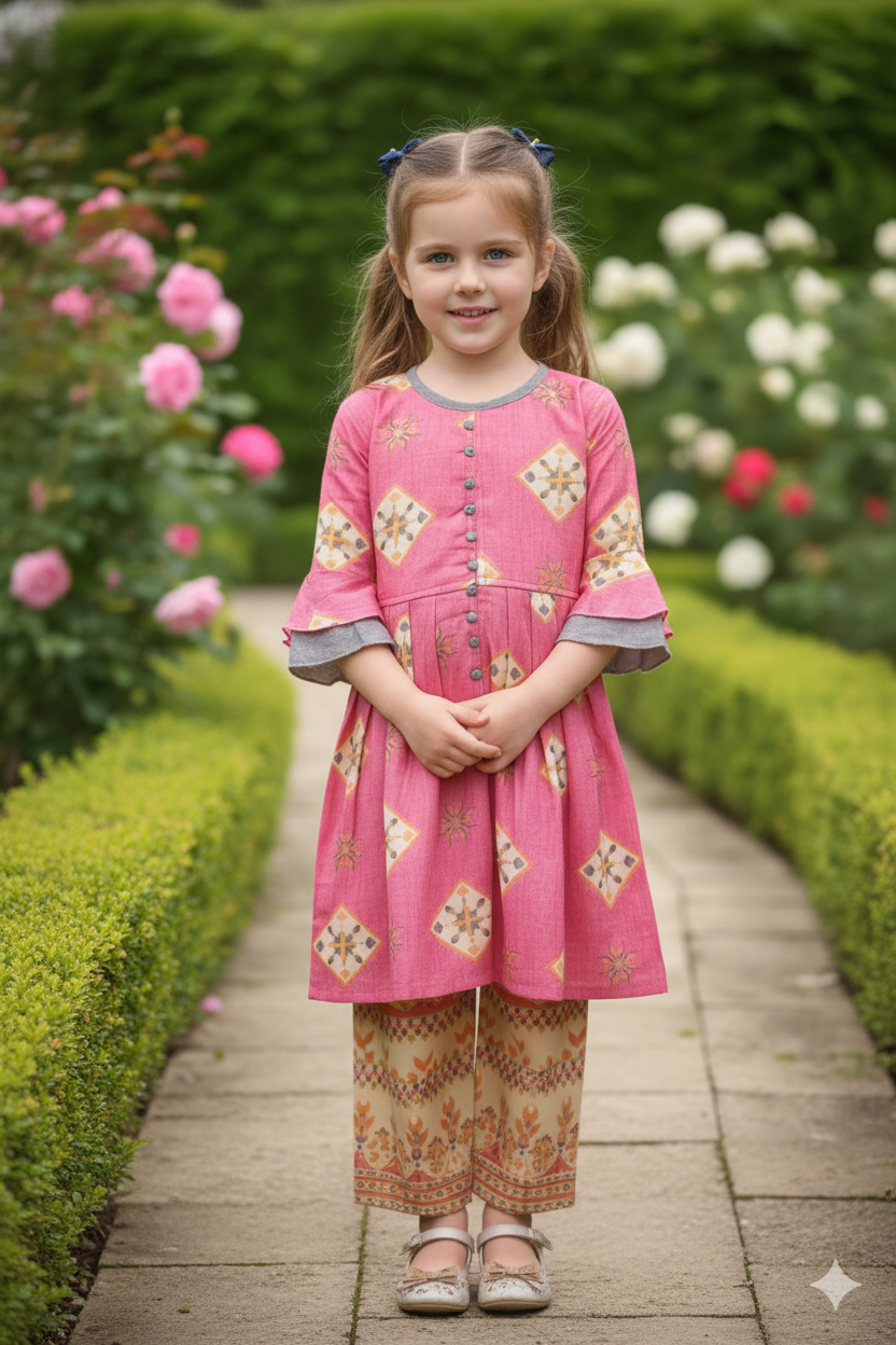 Silakaari Kids Bell Sleeve Foil Printed Palazzo Set For Girls