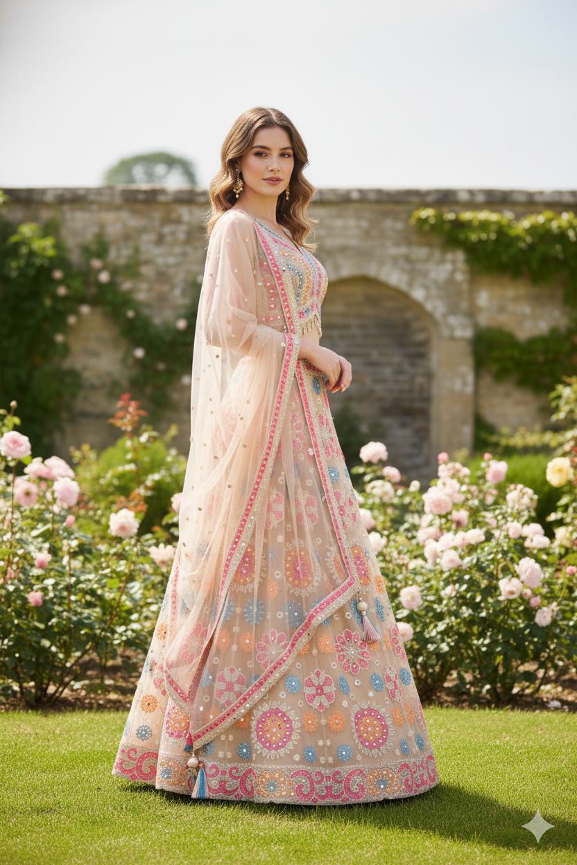 Silakaari Beige Pure Net Heavy Embroidery Mirror Thread Work Unstitched Lehenga Sharara Set