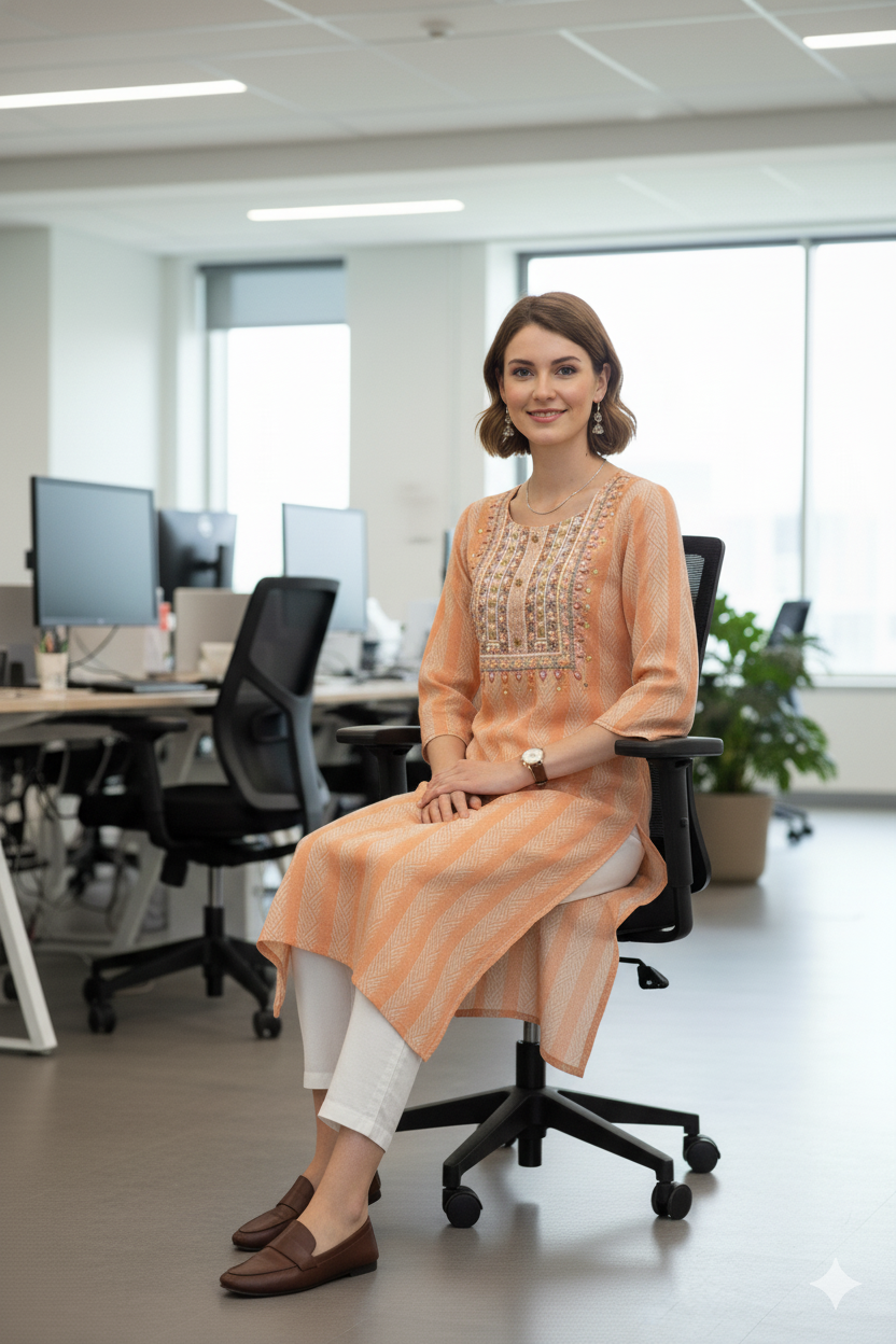 Silakaari Lutfiyah Peach Embroidered Rayon Long Kurti