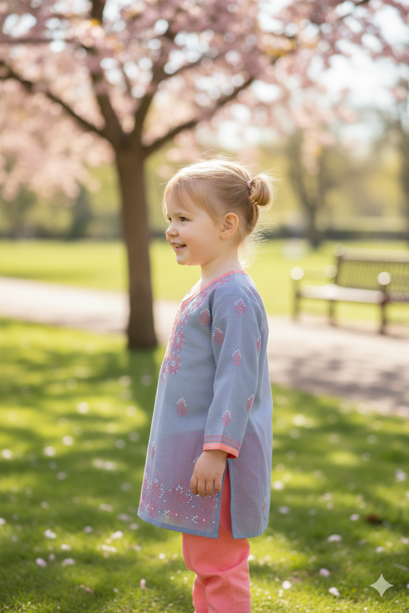 Silakaari Anam Grey-Pink Pure Cotton Lucknowi ChikanKari Kurti Pant Set For Girls