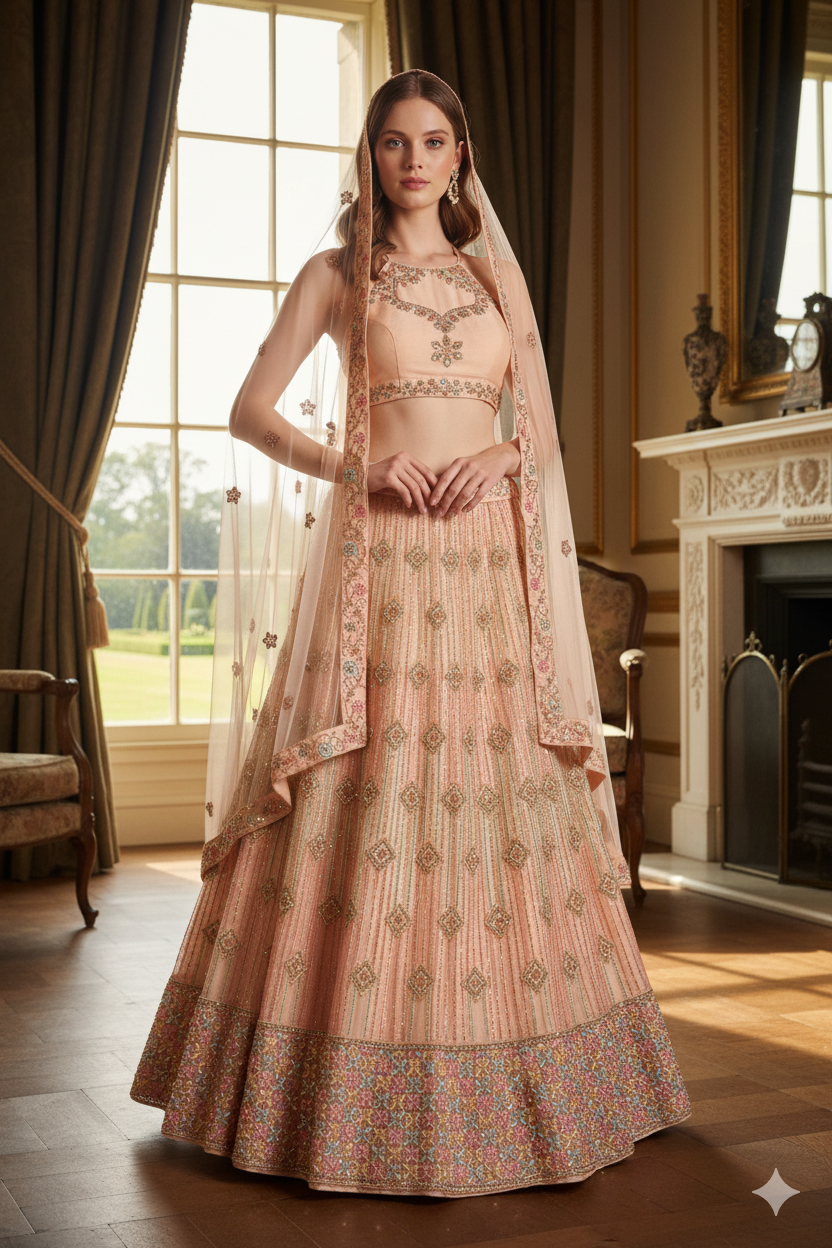 Silakaari Maghroor Peach Multi-Color Pure Net Zari Dimond Party Wear Unstitched Lehenga Set