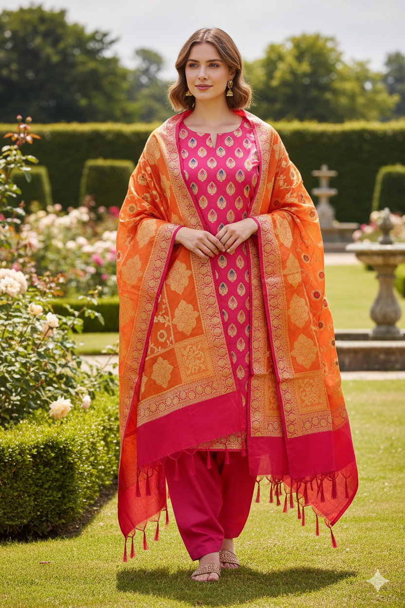 Silakaari Afsana Orange-Hot Pink Double Zari Banarasi Silk Unstitch Salwar Suit