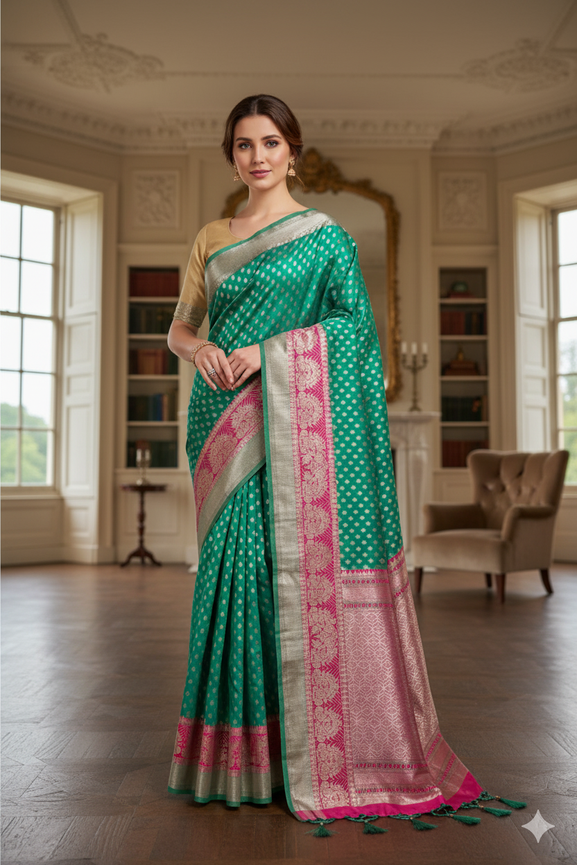 Luft Orangish Green Zardosi Embroidery Heavy Silk Bridal Saree